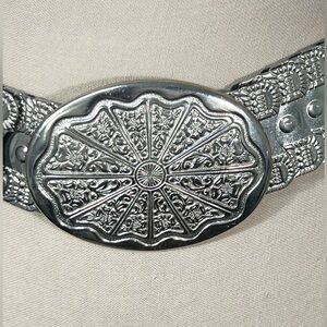 Vintage Glam Boho Silver Stretch Belt Medium Ornate Statement Waist Accessory